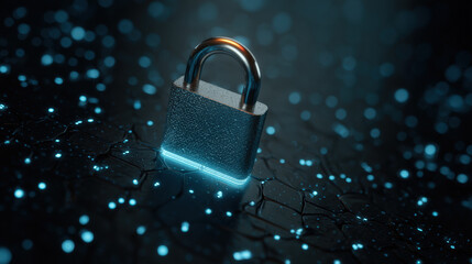 Metallic padlock stands prominently against backdrop of glowing blue particles, symbolizing security and protection digital