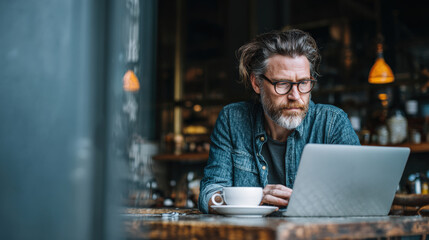 Man working remotely with laptop in coffee shop, focused and engaged in his task, enjoying cup of coffee