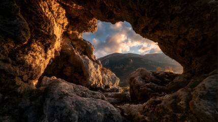 Obraz premium Golden Hour Light Illuminates Ancient Sea Cave Opening to Mountain Vista.