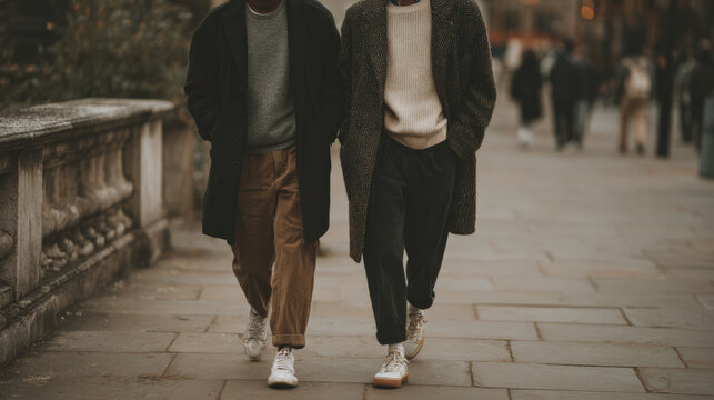 Stylish LGBTQ couple walking hand in hand in city street, showcasing modern fashion and connection