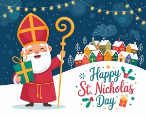 Happy st nicholas day with saint nicholas holding gift in snowy town