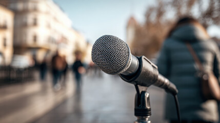 Microphone stands prominently city street, capturing vibrant atmosphere of urban life. blurred background features people