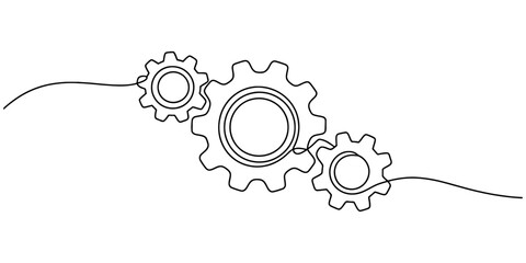 Continuous line drawing of three interlocking gears representing mechanism, connection, system, teamwork, and industrial process on a clean white background. Vector, illustration