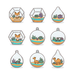 Cute desert terrarium illustrations featuring adorable animals like foxes, camels, and scorpions in glass enclosures