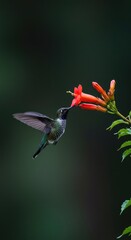 Fototapeta premium A minuscule, fast-moving iridescent hummingbird hovers delicately while drinking sweet nectar from a brilliant red trumpet flower in the tropical garden ,bird ,delicate ,wings