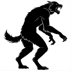 Black silhouette of werewolf. Halloween legendary monster. Isolated scary wolf drawing. Fantasy wolfman clipart