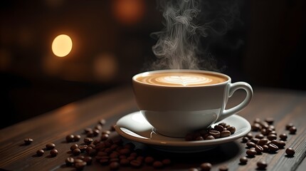 A close-up image of a coffee cup on a wooden table, steam rising.