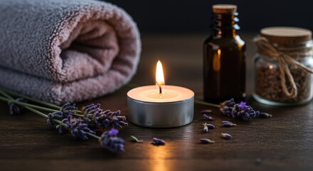 A relaxing atmosphere created by a lit candle and fresh lavender blossoms, perfect for self-care and aromatherapy ,fresh. ,close-up ,spa