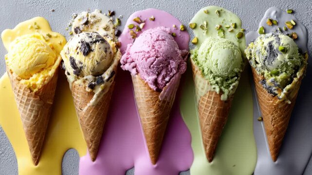 Row of Bright Melting Ice Cream Cones Creating Colorful Pools on Smooth Light Gray Background