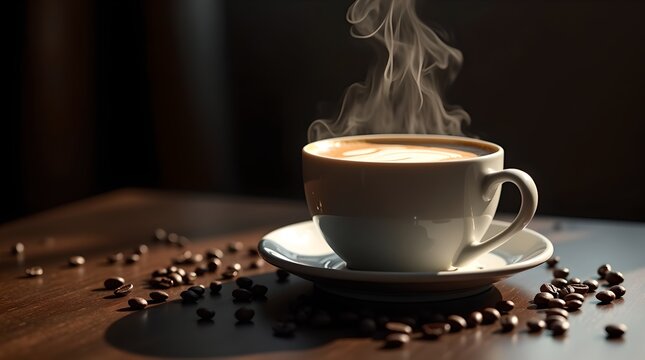 "A cup of hot coffee and roasted beans on a wooden table"