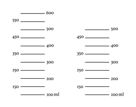 Set of scales 500, 600 ml liquid volume. Graphic minimalist black templates isolated on white background. Measuring milliliters cup, jug to preparing cooking pattern.
