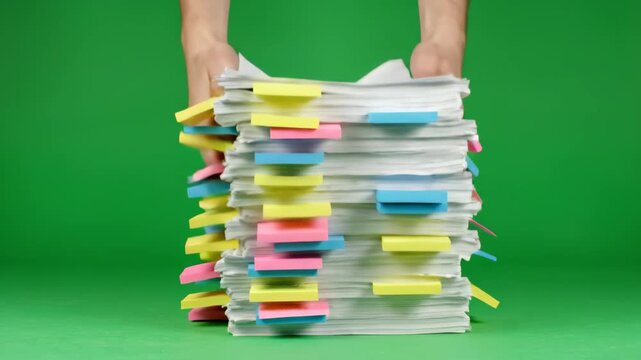 Green Screen Stack Papers Sticky Notes Hands Moving Office Concept