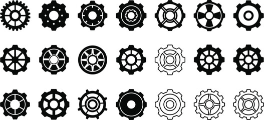 Gear icon set—20 unique mechanical silhouettes with varied teeth, spokes, and inner patterns