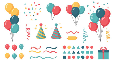 Festive party elements balloons confetti party hats and decorations isolated on white