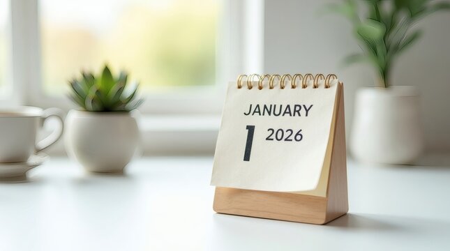 Start the New Year right with a calendar marking January 1, 2026, next to a cup of coffee and a plant in a bright, modern office setting for fresh beginnings
