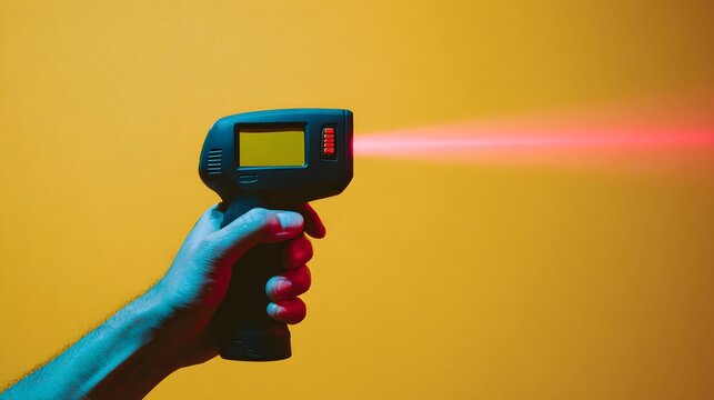 Hand holding a non contact infrared thermometer with a red laser beam on a yellow background.