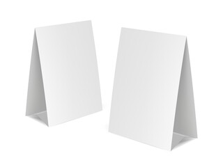 Table tent template. White blank paper countertop pop banner stand. Realistic mockup. Desktop promotional graphic display card  mock-up. Stand Up Clear Card Mockup On Table.