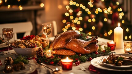 Elegant Thanksgiving Dinner Table Setting with Roasted Turkey, Autumn Decorations, and Warm Lights