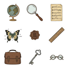 Collection of vintage school and travel items, including a globe, magnifying glass, sheet music, butterfly diagram, seal, ruler, satchel, key, and glasses