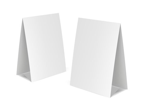 Table tent template. White blank paper countertop pop banner stand. Realistic mockup. Desktop promotional graphic display card  mock-up. Stand Up Clear Card Mockup On Table.