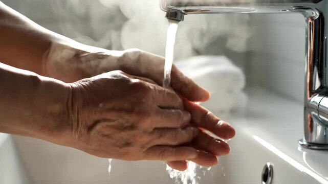 Elderly Person Washing Hands Under Running Water in Kitchen Sink Closeup