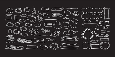 Hand-drawn scribble shapes, white on black, includes circles, squares, and arrows; perfect for accenting text or highlighting information in presentations, design and more