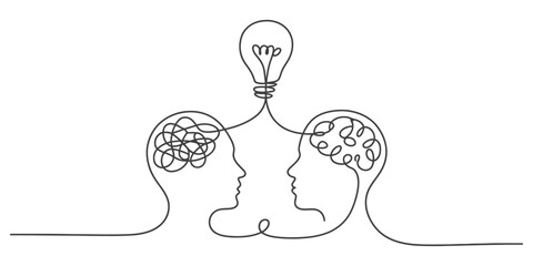One continuous line drawing depicting two human head profiles, one with tangled thoughts and the other with clarity, connected by a bright lightbulb Vector, illustration