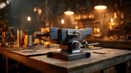 Heavy duty metal vise on a rustic wooden workbench in a dimly lit workshop.