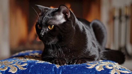 Shiny black cat rests on a blue cushion with golden accents, blurred fireplace background