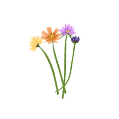 A hand-drawn illustration of colorful cosmos flowers featuring yellow, orange, purple, and lavender blossoms with long green stems on a transparent background. Suitable for botanical designs, sticker