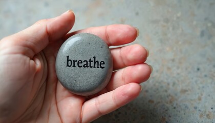 Hand holding grey mindfulness stone with word breathe. Person practices relaxation, meditation. Calmness, stillness concept. Wellness, mental health support. Smooth stone texture in human hand.