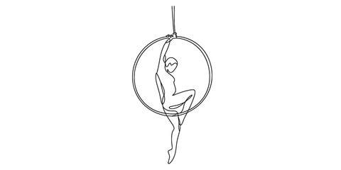 Continuous line drawing of a graceful female aerialist performing an elegant pose on a lyra hoop, symbolizing strength, flexibility, and artistry in movement. Vector, illustration