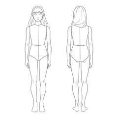 Children's fashion design template featuring a girl croquis in front, and back views. Clean line art illustration perfect for kids' clothing designers, children's fashion sketching,