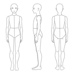 Children's fashion design template featuring a girl croquis in front, side, and back views. Clean line art illustration perfect for kids clothing designers, children's fashion sketching,
