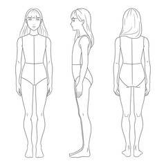 Children's fashion design template featuring a girl croquis in front, side, and back views. Clean line art illustration perfect for kids' clothing designers, children's fashion sketching,

