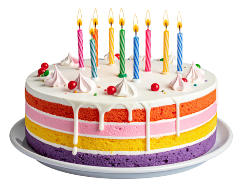colorful birthday cake with candles. isolated on white background PNG
