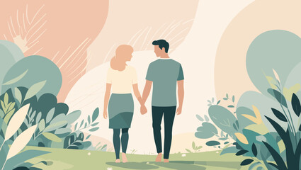 Minimalist Illustration of a Couple Walking Hand in Hand in Nature 