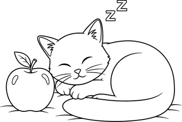 Cute Sleeping Cat with Apple Illustration – Adorable Line Art Drawing for Coloring Pages, Kids Books, Pet Designs, and Creative Graphic Resources