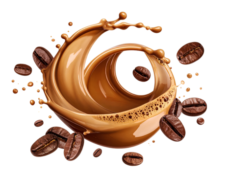 Milk Brown coffee liquid swirl splash and little bubbles with falling coffee Beans isolated on transparent png background, liquid fluid element flowing in form 