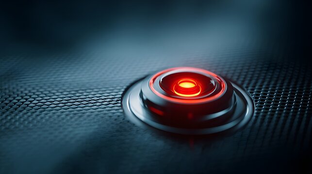 Illuminated Red Button on Dark Textured Surface.