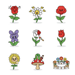 Charming vector cartoon flower characters displaying various emotions and playful interactions, perfect for creating joyful and engaging designs for children's books or cheerful graphics