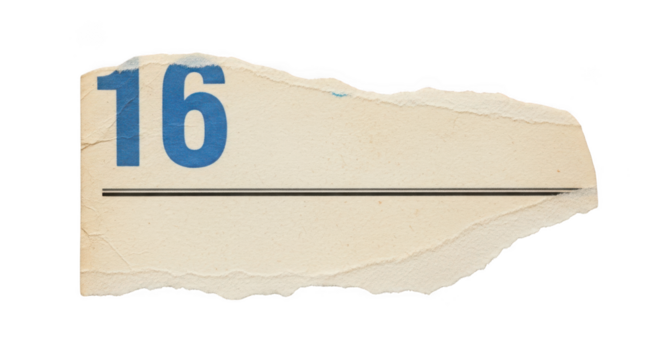 Torn paper with blue number 16 isolated on transparent background