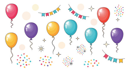 Festive celebration with colorful balloons and bunting decorations on white background