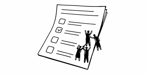 A checklist with a checkmark and people celebrating the completion of the task on the document
