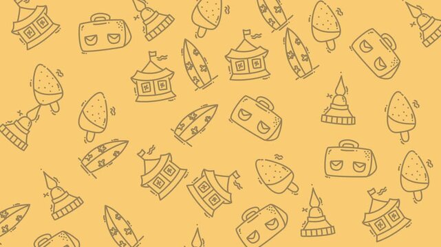 Pattern of various travelthemed items like tents. Ideal for travel blogs, camping websites, adventure magazines, or outdoor themed designs.
