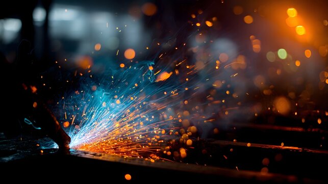 Industrial welding process creating a shower of vibrant blue and orange sparks on metal.
