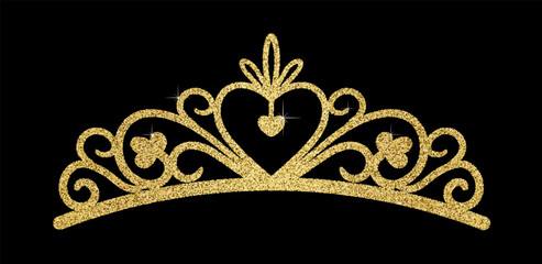 Elegant gold glitter tiara with heart motif, sparkling highlights and ornate swirl design. Luxury princess crown vector for invitation, party, decor, collage, stickers, and fashion print. © Kolerowa