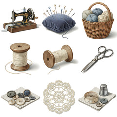 A detailed collection of vintage and modern sewing and craft supplies, perfect for handmade projects and textile artistry, showcasing the concept of traditional needlework and creative endeavors