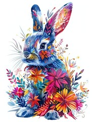 Fototapeta premium Vibrant colorful rabbit illustration with floral elements, featuring blue fur and bright pink, orange, and yellow flowers. Perfect for spring designs.