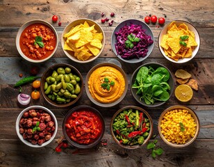 Overhead View of Colorful Bowls of Food on Rustic Wooden Table
